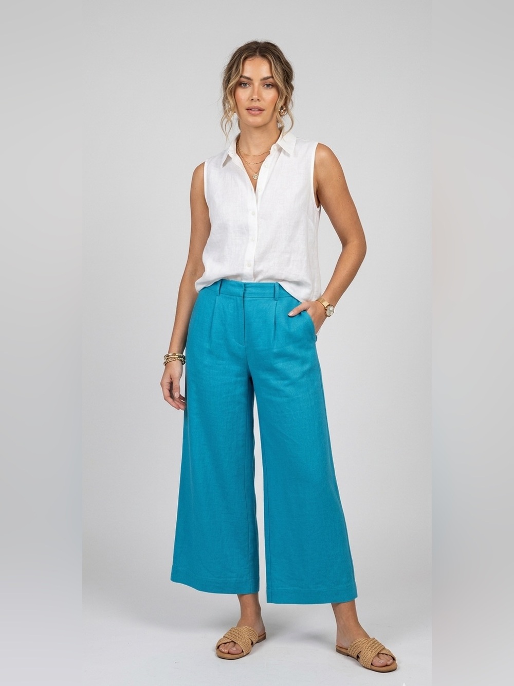 YFB High Waisted Wide Leg Culottes Coastal Grandmother Art Pants LARGE Cyan Blue